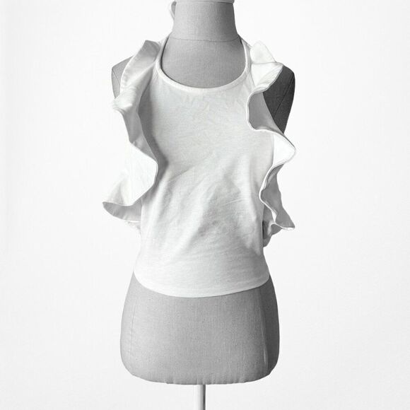 H&M Off White Knit Ruffle Halter Open Back Crop Top Size XS - Picture 3 of 6